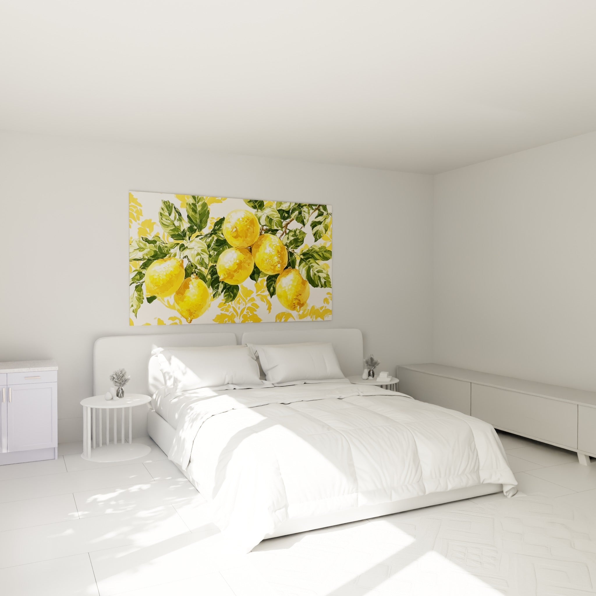 Branche de citrons jaunes et feuillage vert olive au-dessus d'un lit dans une chambre claire