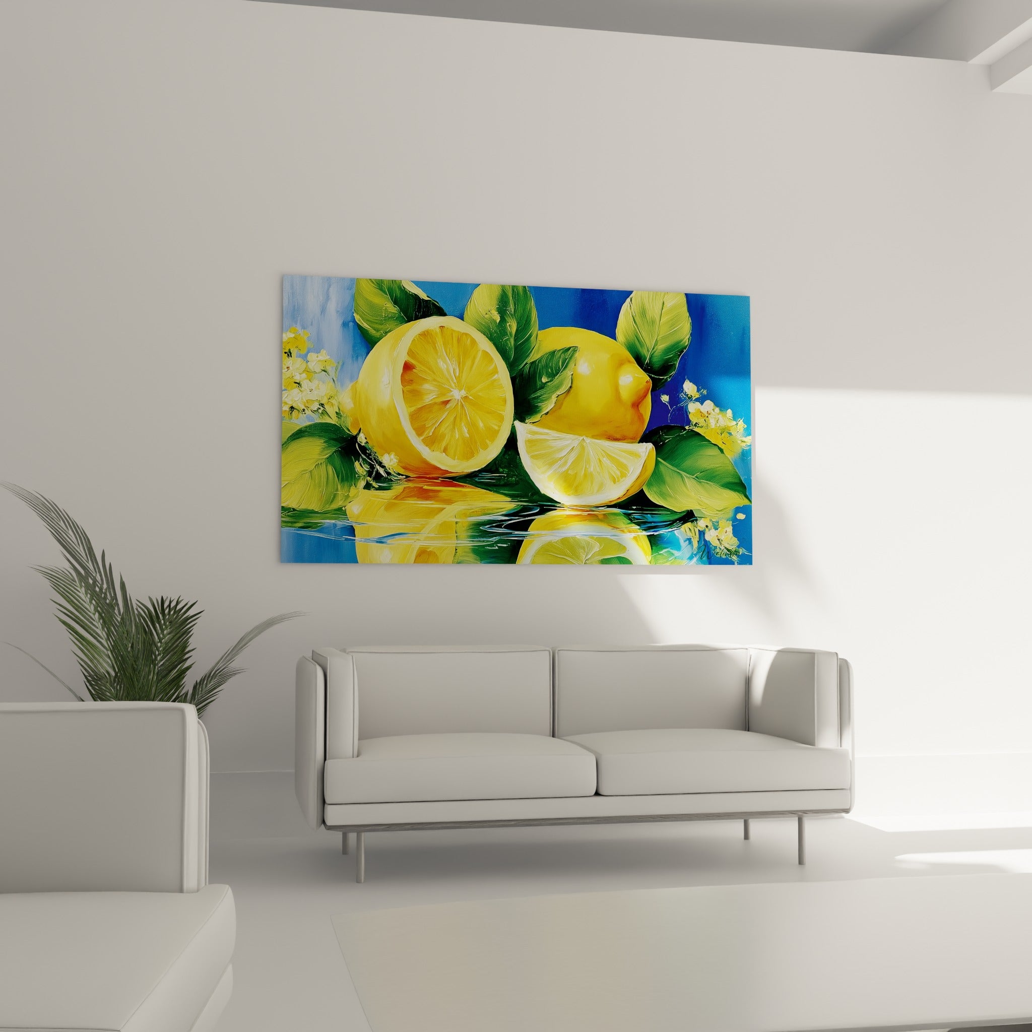 Fruits jaunes vibrants avec reflets bleus et feuilles vertes au-dessus d'un canapé dans un salon lumineux