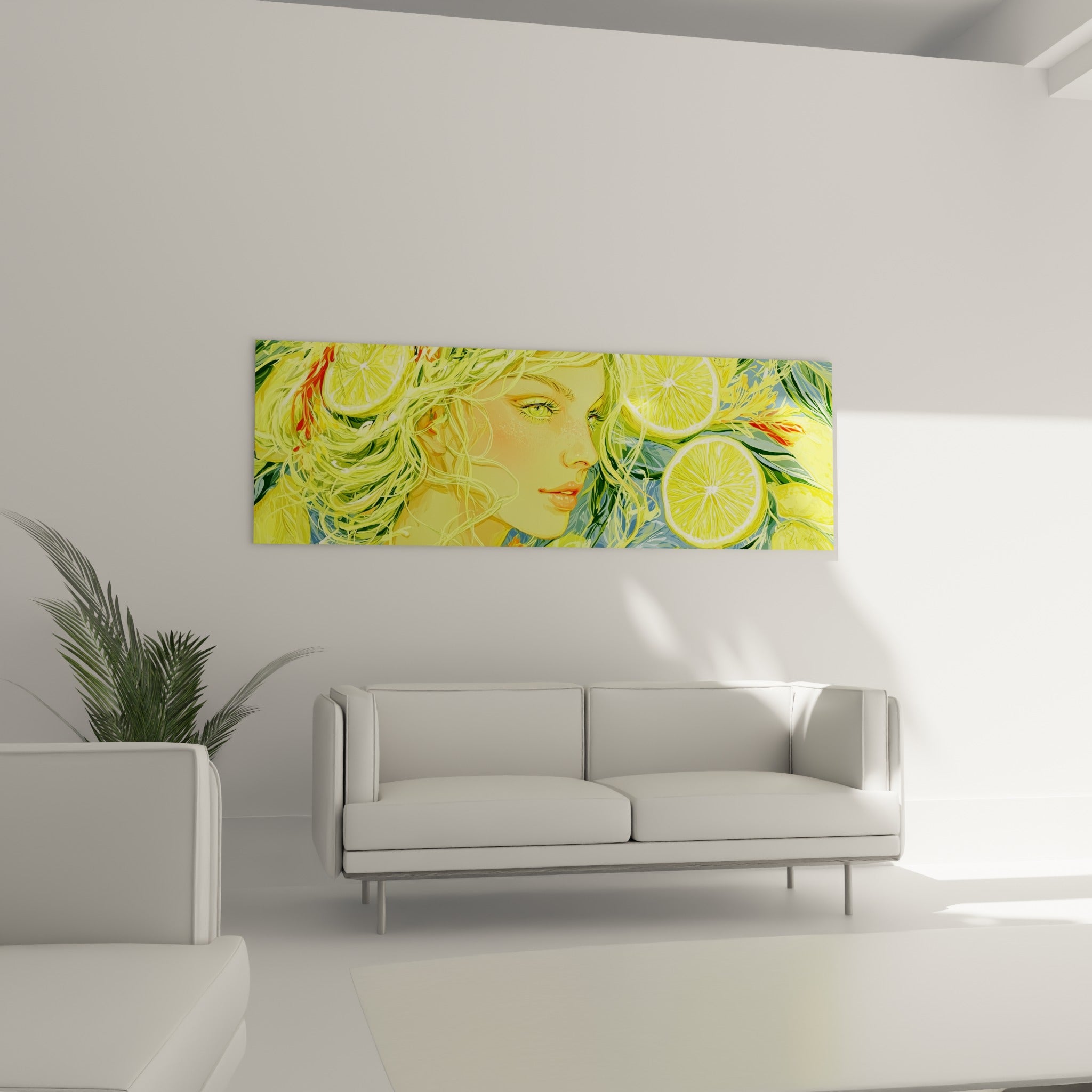 Chevelure verte et dorée mêlée à des tranches de citron, au-dessus d'un canapé dans un salon lumineux