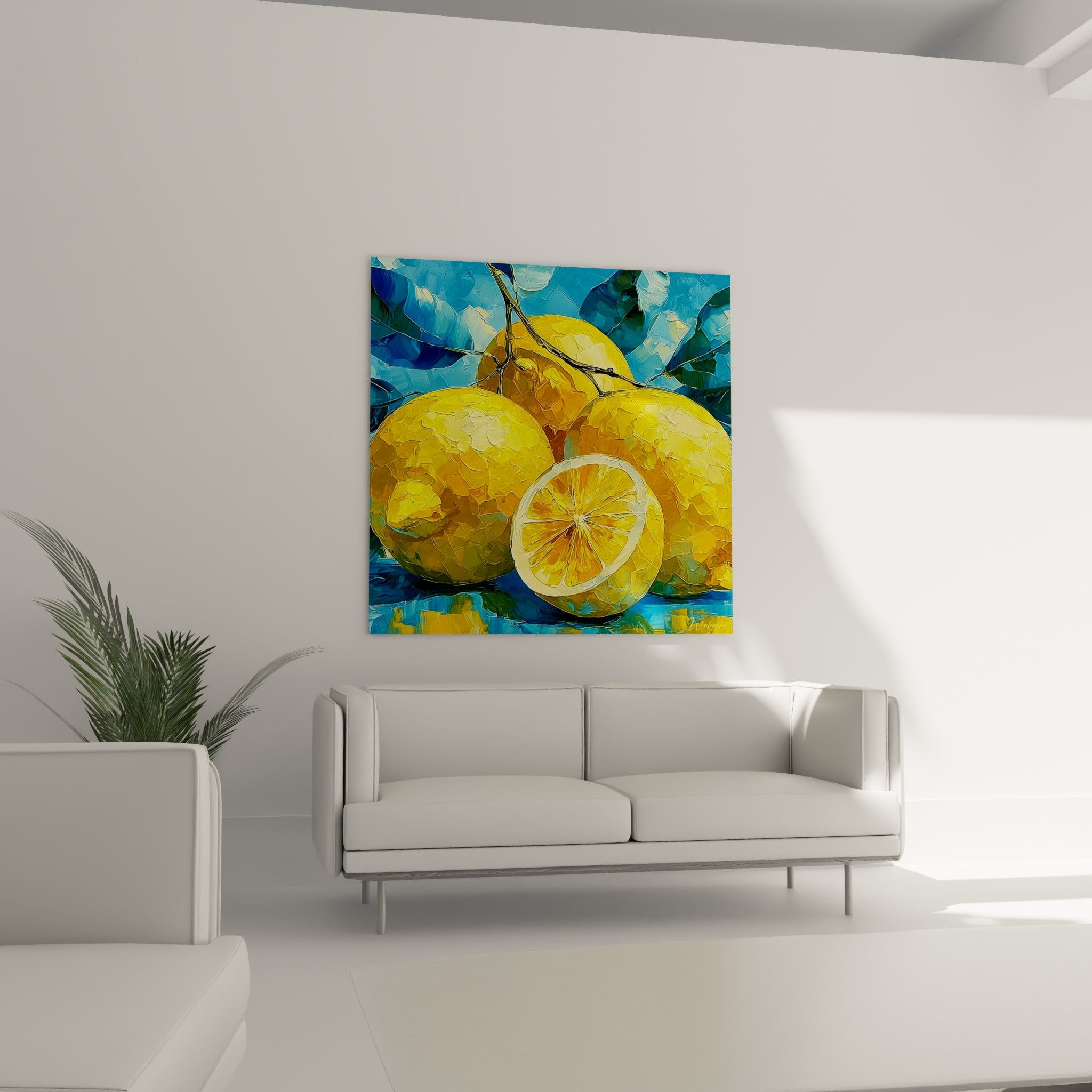 Trois citrons jaune éclatant et feuillage bleuté surplombant un canapé dans un salon lumineux