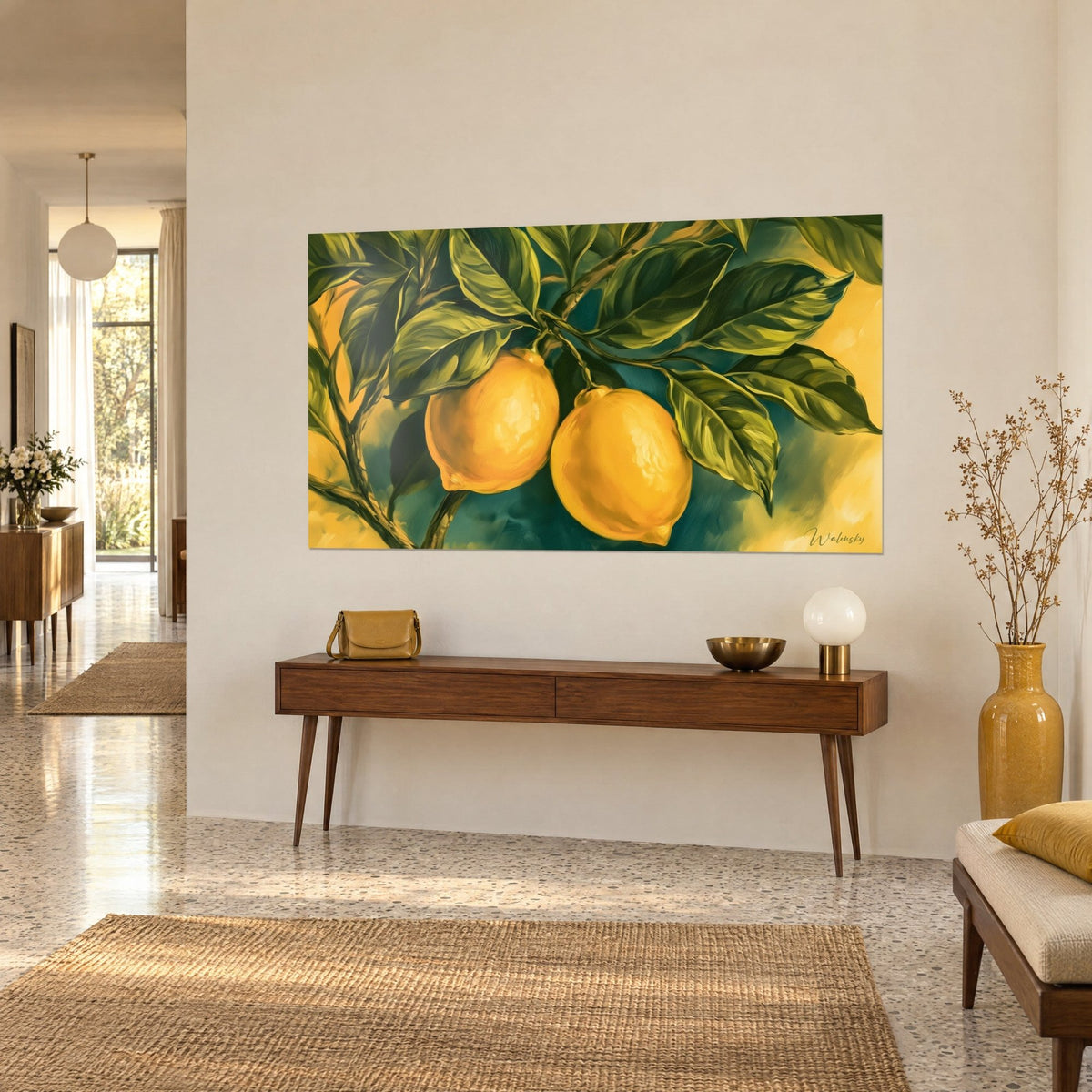 Tableau deux citrons mûrs suspendus à une branche, jaune soleil et vert sapin, au-dessus d'une console en bois et d'un vase ambré