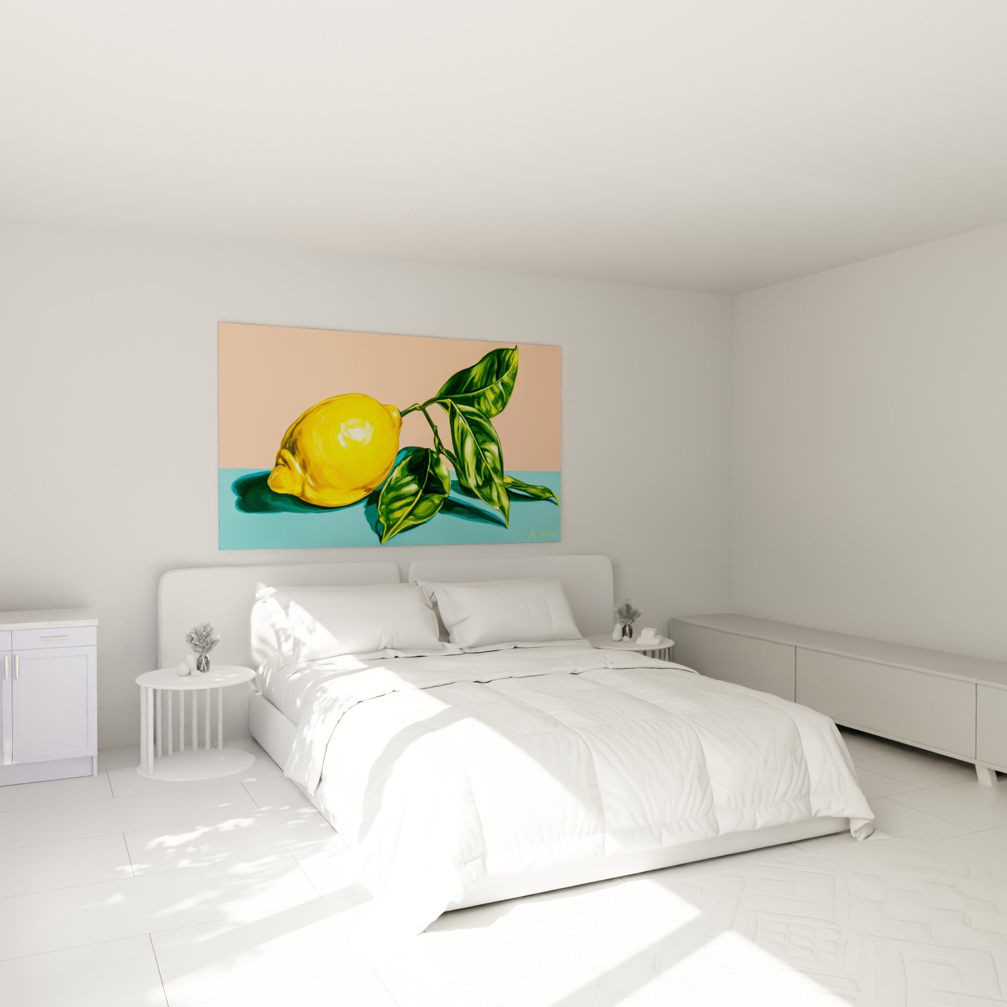 Fruit jaune vif et feuillage vert, tableau citron accroché au-dessus d'un lit dans une chambre claire