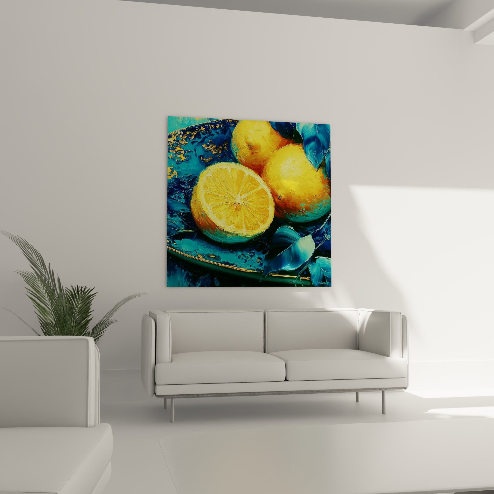 Fruits jaune vif et feuilles vertes bleutées composant ce tableau au-dessus d'un canapé dans un salon lumineux