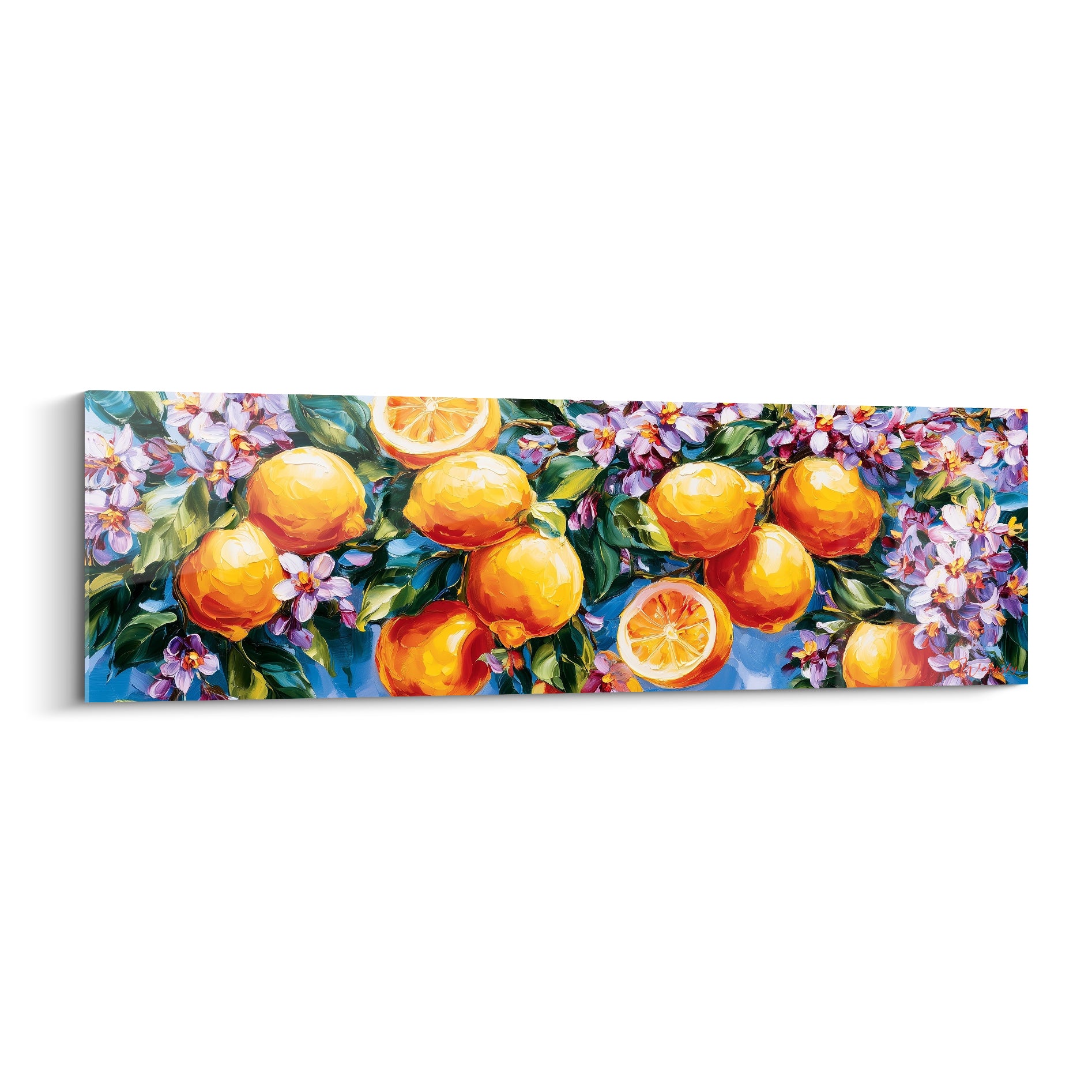 Citrons dorés et fleurs mauves sur fond bleu azur, composition florale à touche impressionniste
