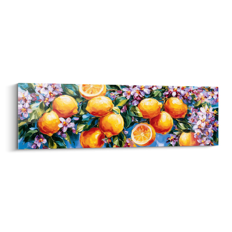 Tableau Citrons orange et bleu sous fleurs mauves - Grappe d'agrumes fleurie - Edition Citron