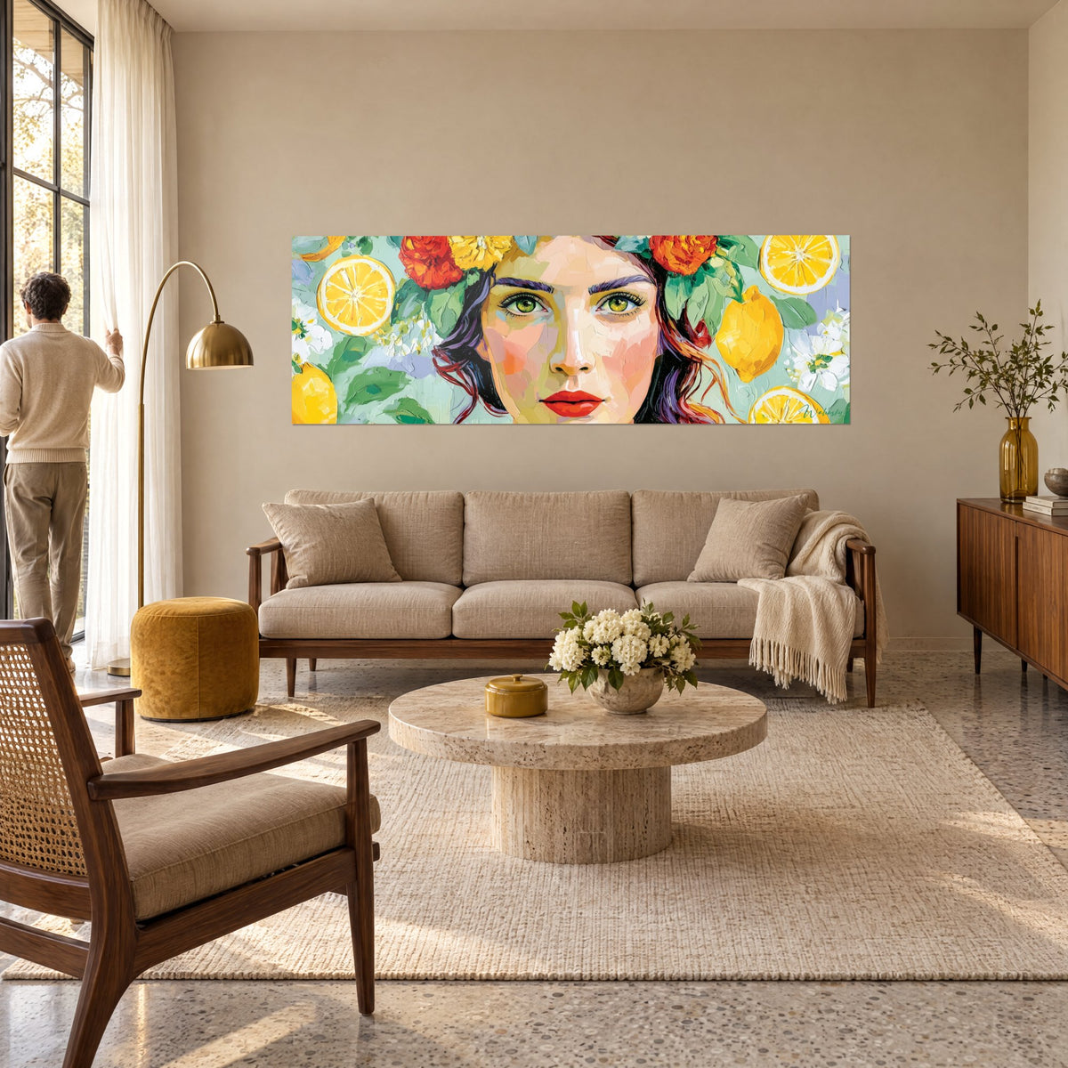 Tableau portrait féminin aux yeux verts et lèvres rouges, couronne de fleurs orange, citrons jaunes, au-dessus d'un canapé dans un salon lumineux
