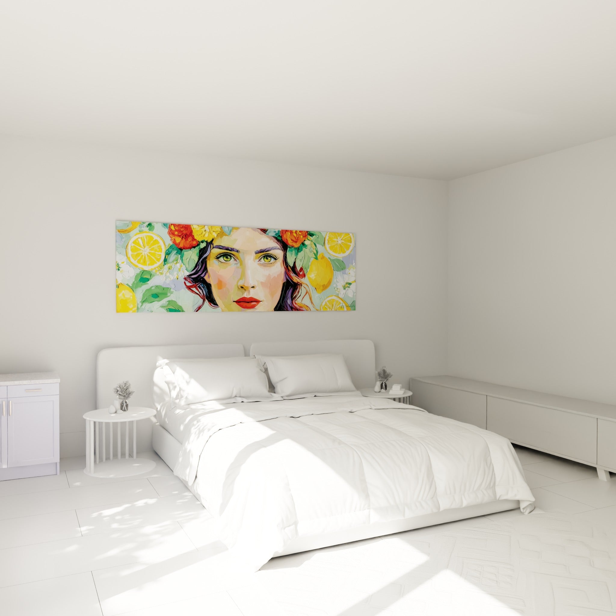 Visage féminin couronné de citrons dorés et roses rouges, au-dessus d'un lit dans une chambre claire