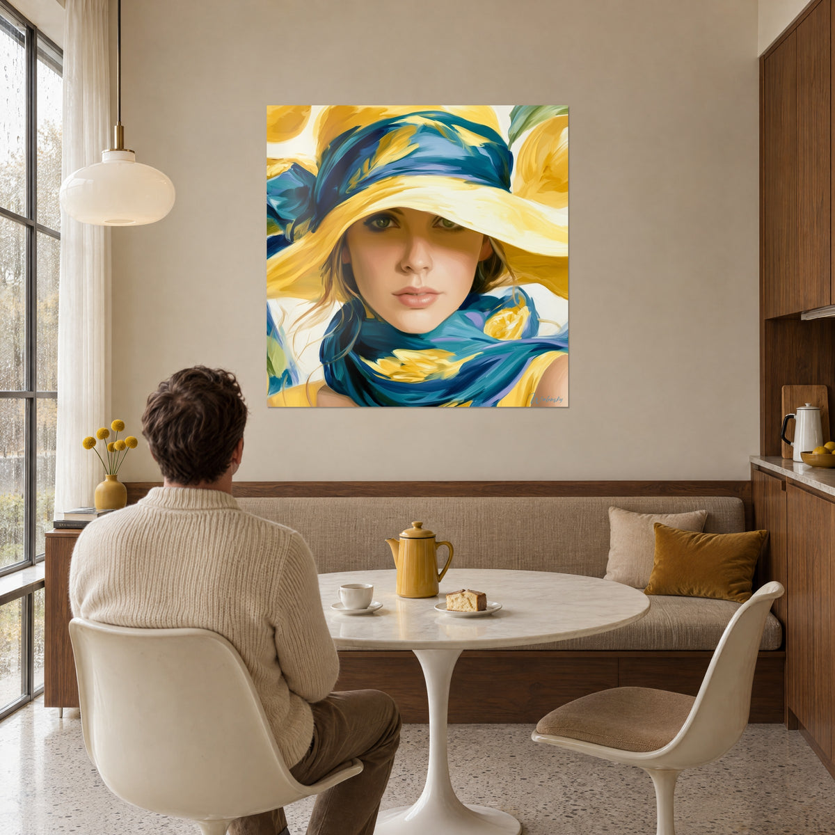 Wall art green gaze under a wide-brimmed yellow hat, blue and mauve scarf, man seen from behind in front of a table in a 1950s living room