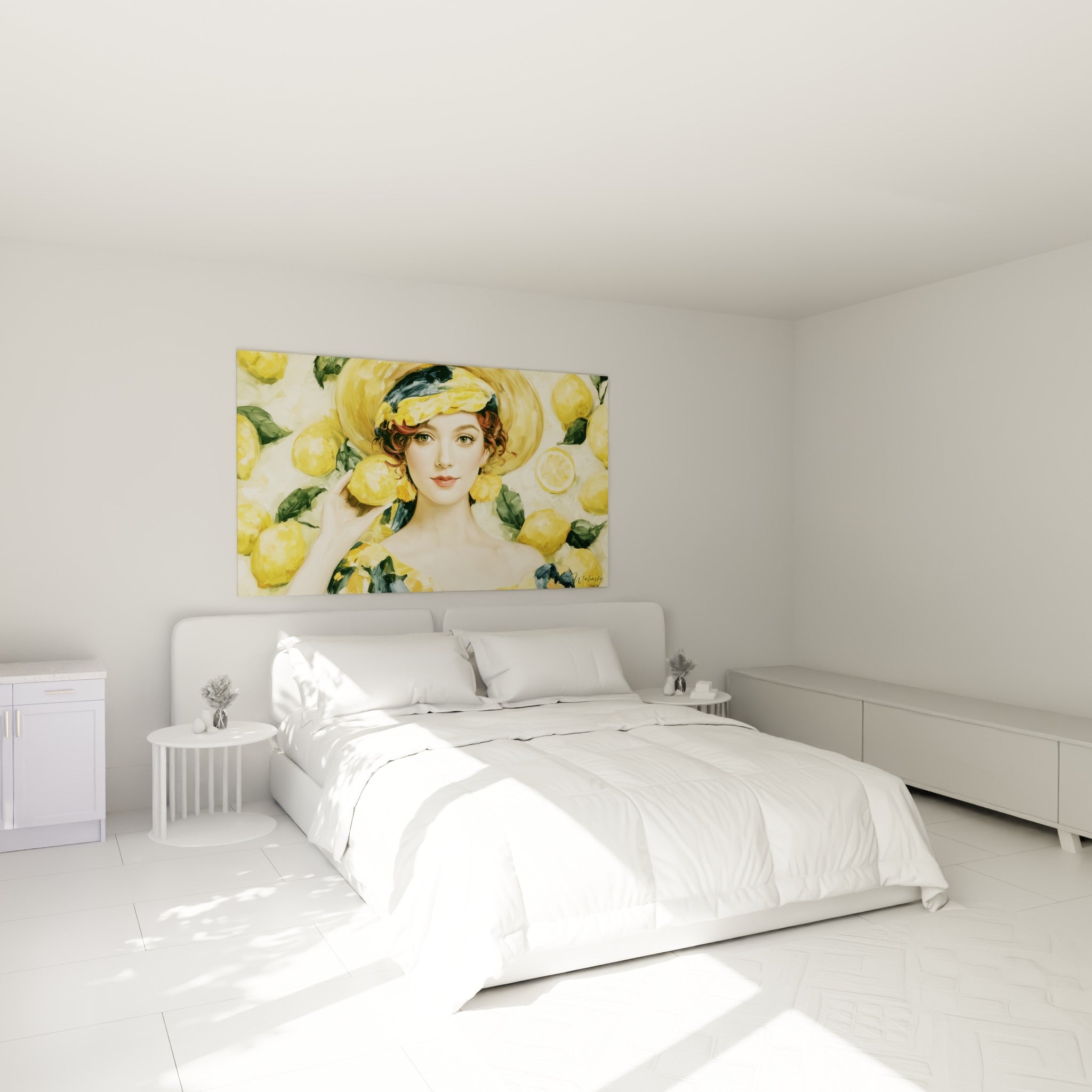 Portrait féminin aux citrons dorés et feuilles vertes, accroché au-dessus d'un lit dans une chambre claire