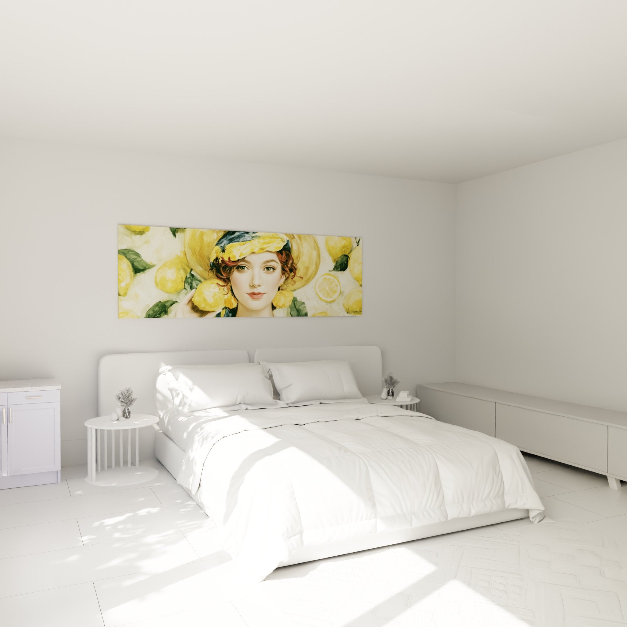 Femme coiffée d'un foulard sombre parmi citrons jaunes, au-dessus d'un lit dans une chambre claire
