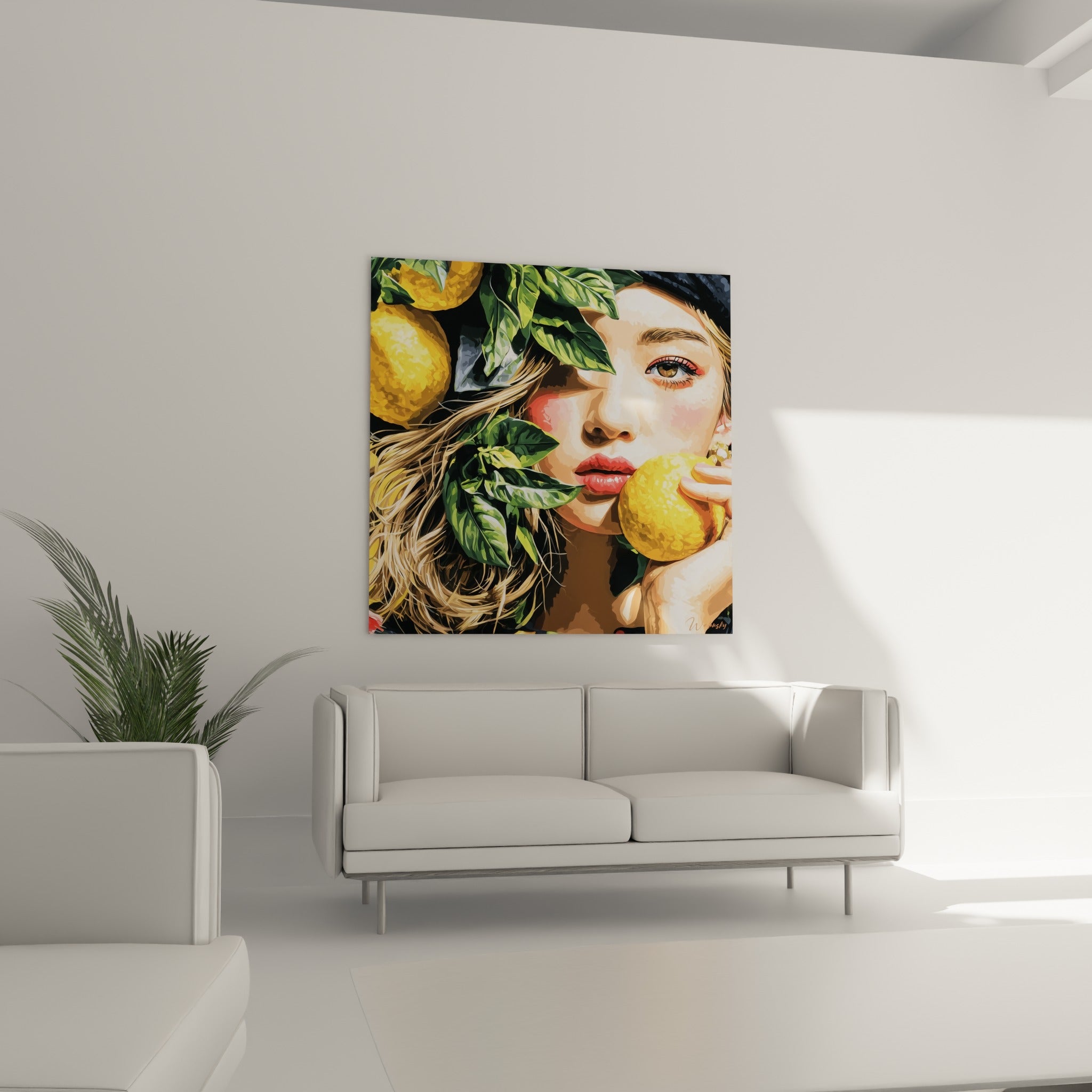 Visage entouré de feuillage vert et de citrons jaunes, suspendu au-dessus d'un canapé dans un salon lumineux