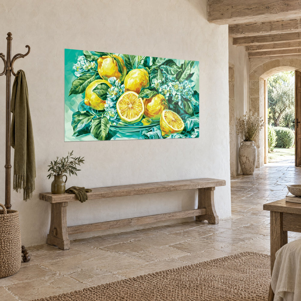 Tableau nature morte d'agrumes dorés sur fond turquoise, grappes de fleurs blanches, entrée d'une maison de pierre