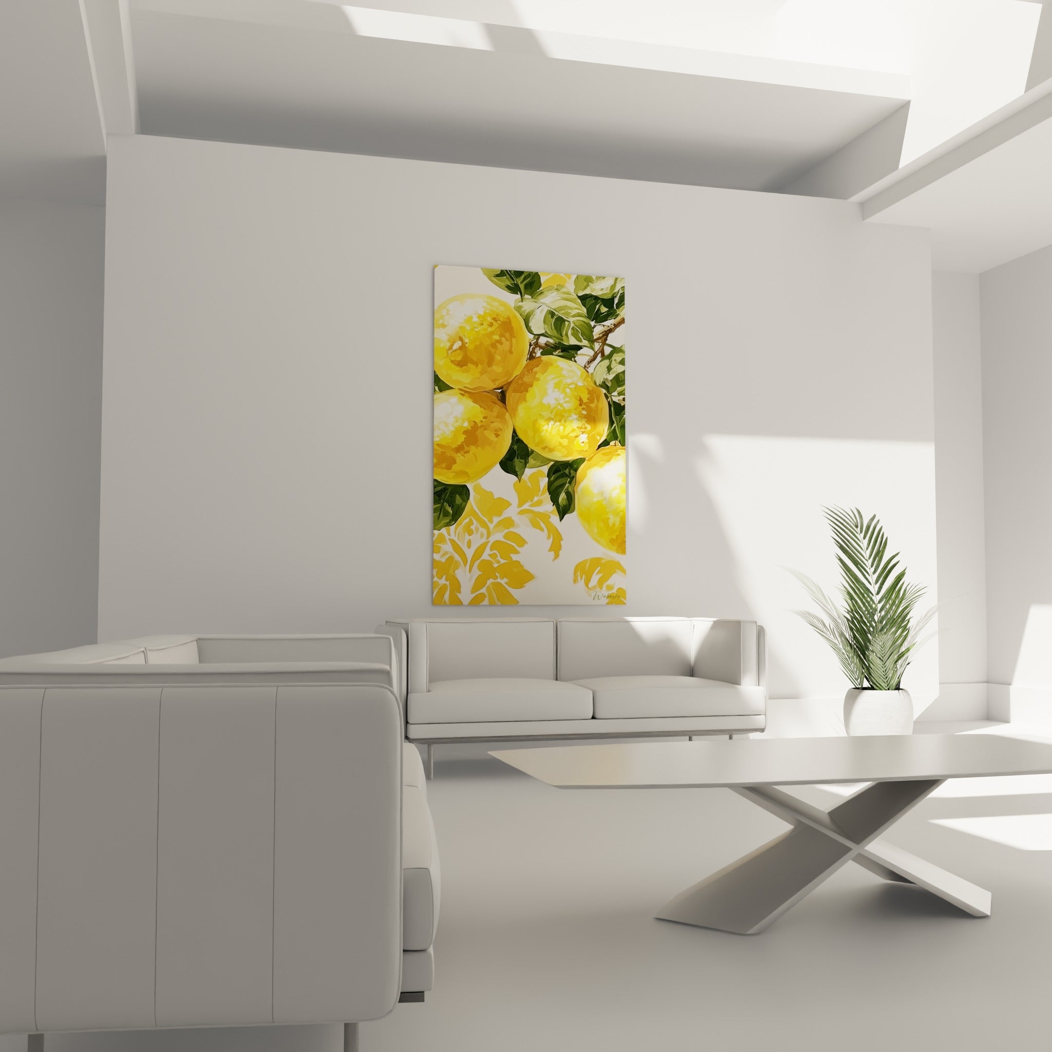 Citrons jaune soleil entourés de feuillage vert olive placés au-dessus d'un canapé dans un salon lumineux
