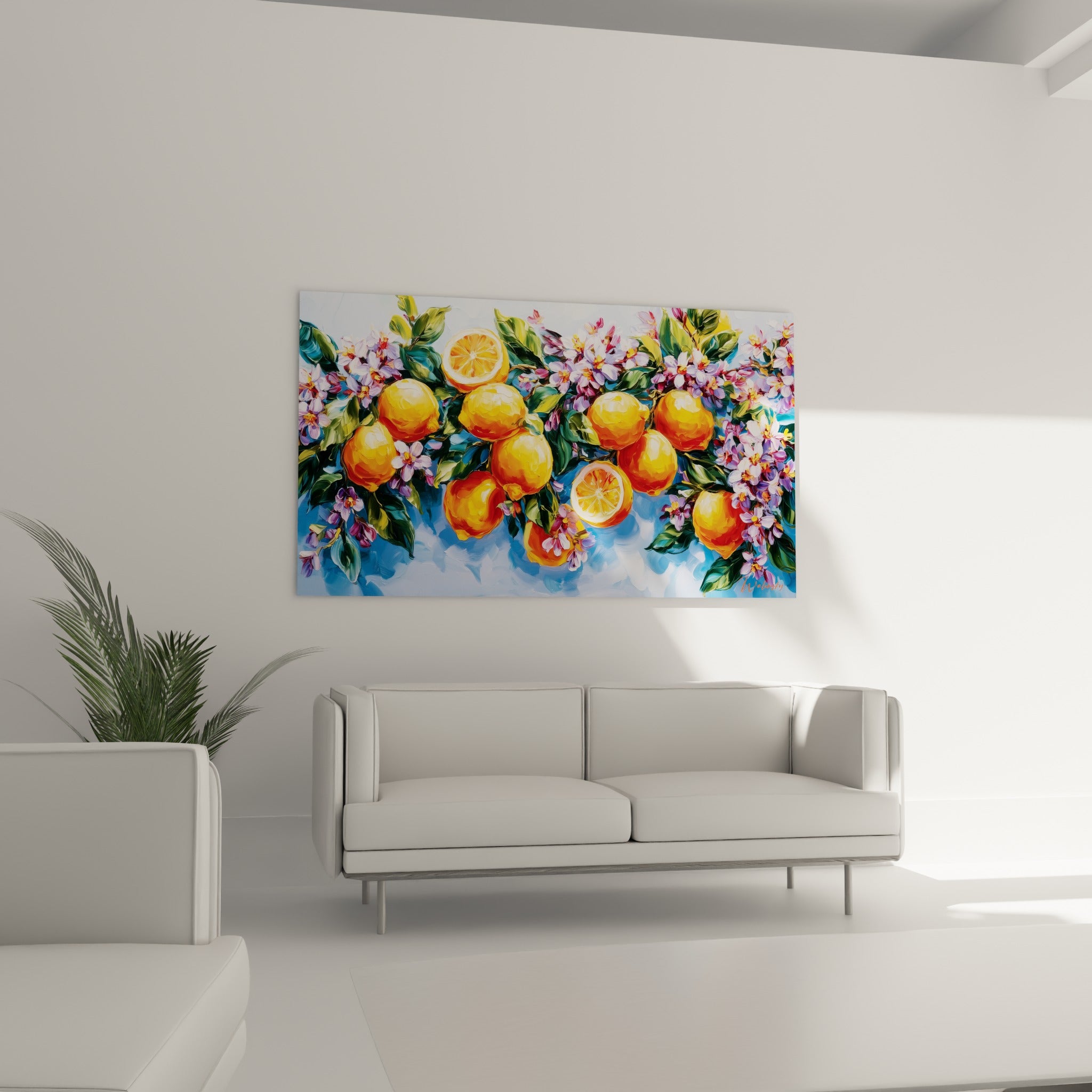 Grappe de citrons dorés sur fond bleu pastel, accrochée au-dessus d'un canapé dans un salon lumineux