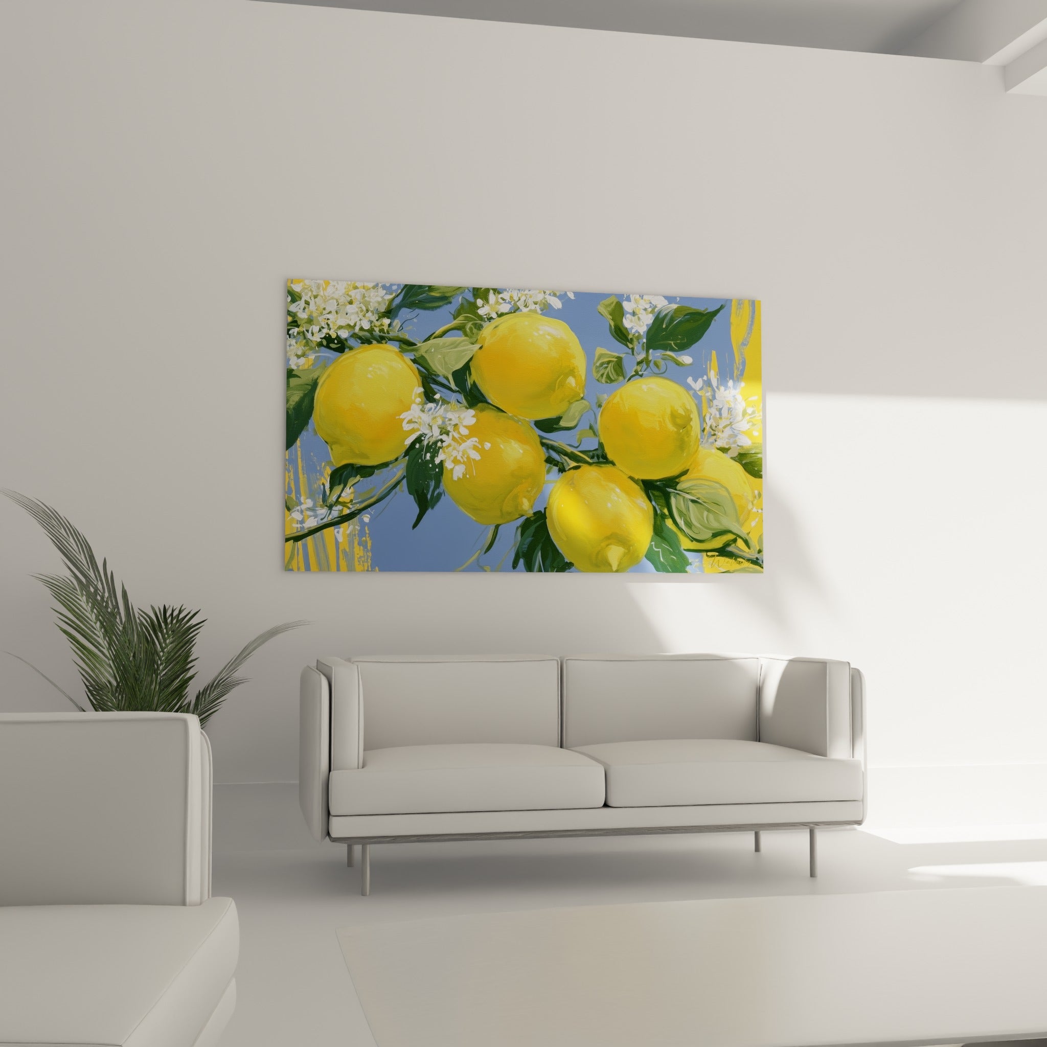 Grappe de citrons jaune vif et feuillage vert sur ciel bleu, au-dessus d'un canapé dans un salon lumineux