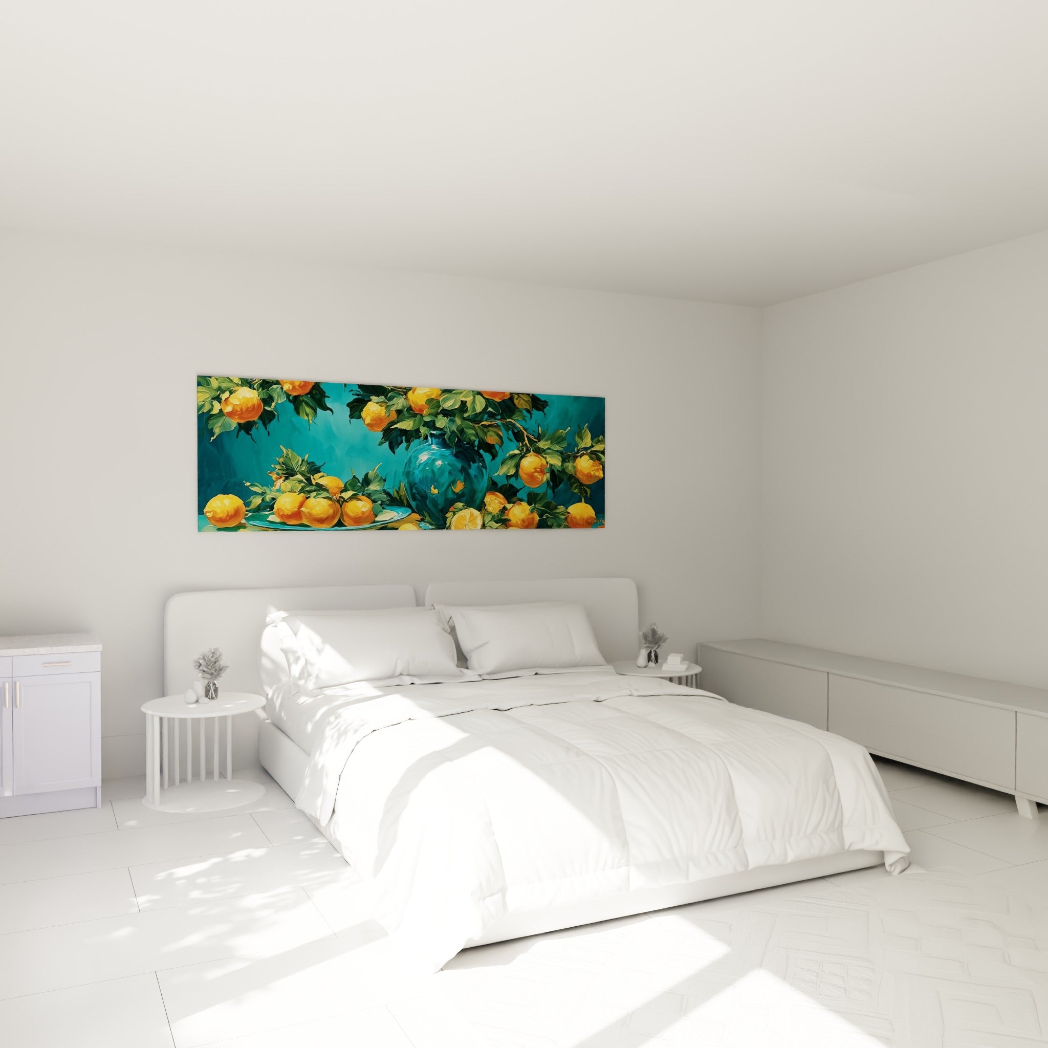 Grappes de citrons jaune doré sur fond turquoise, accrochées au-dessus d'un lit dans une chambre claire