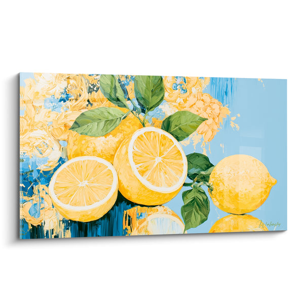 Sliced Lemon Painting - Yellow and Blue Reflection - Cream Flowers Background - Citrus Edition