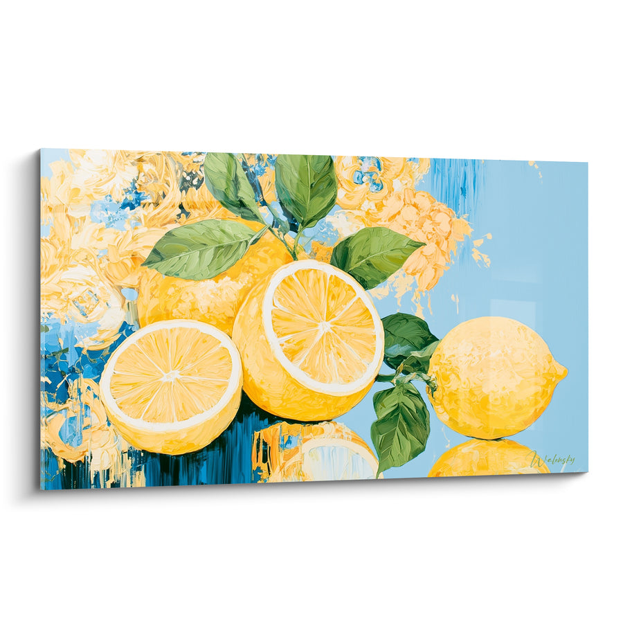 Tableau Citrons coupés jaunes et bleu reflet miroité - Fleurs crème en fond - Edition Citron