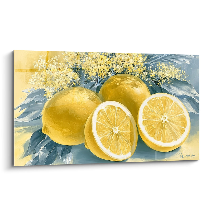 Tableau Citrons jaunes et bleu pâle entourés de mimosa - Fleurs de mimosa - Edition Citron