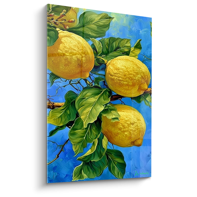 Tableau Citronnier jaune et bleu sur branche - Soleil méditerranéen - Edition Citron