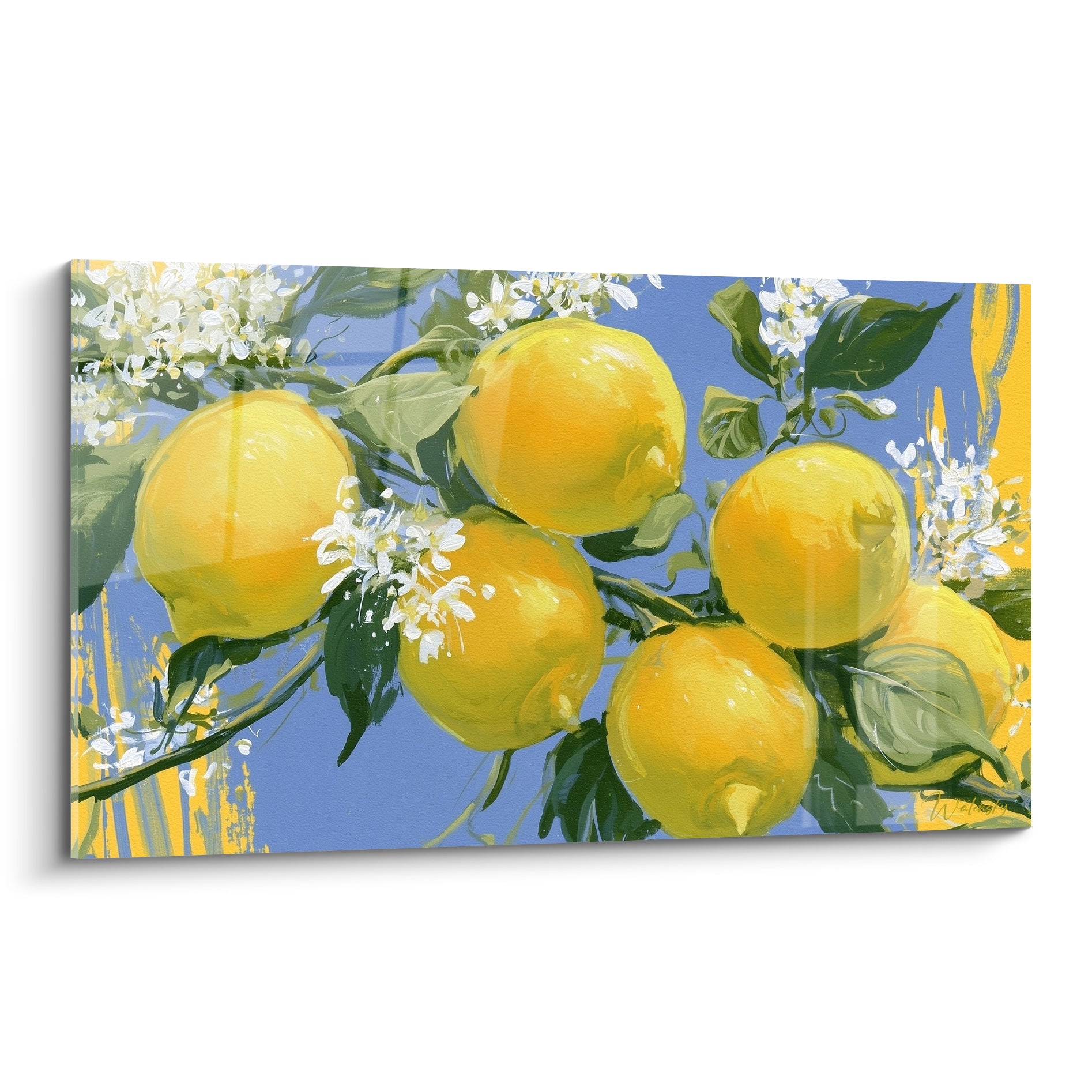 Citrons jaunes en grappe sur fond bleu azur, fleurs blanches et feuilles vert profond peintes