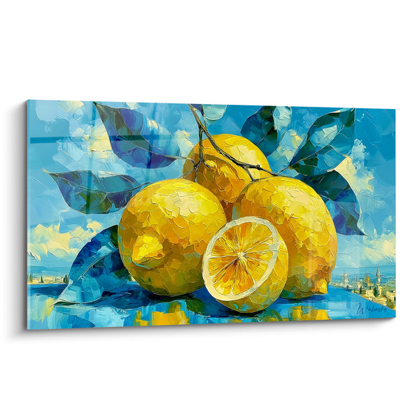 Lemon Painting with Yellow and Blue overlooking a Distant City - Urban Silhouette in the Background - Lemon Edition