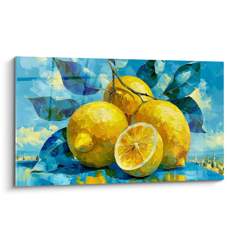 Tableau Citrons jaunes et bleus surplombant une ville lointaine - Silhouette urbaine en arrière-plan - Edition Citron