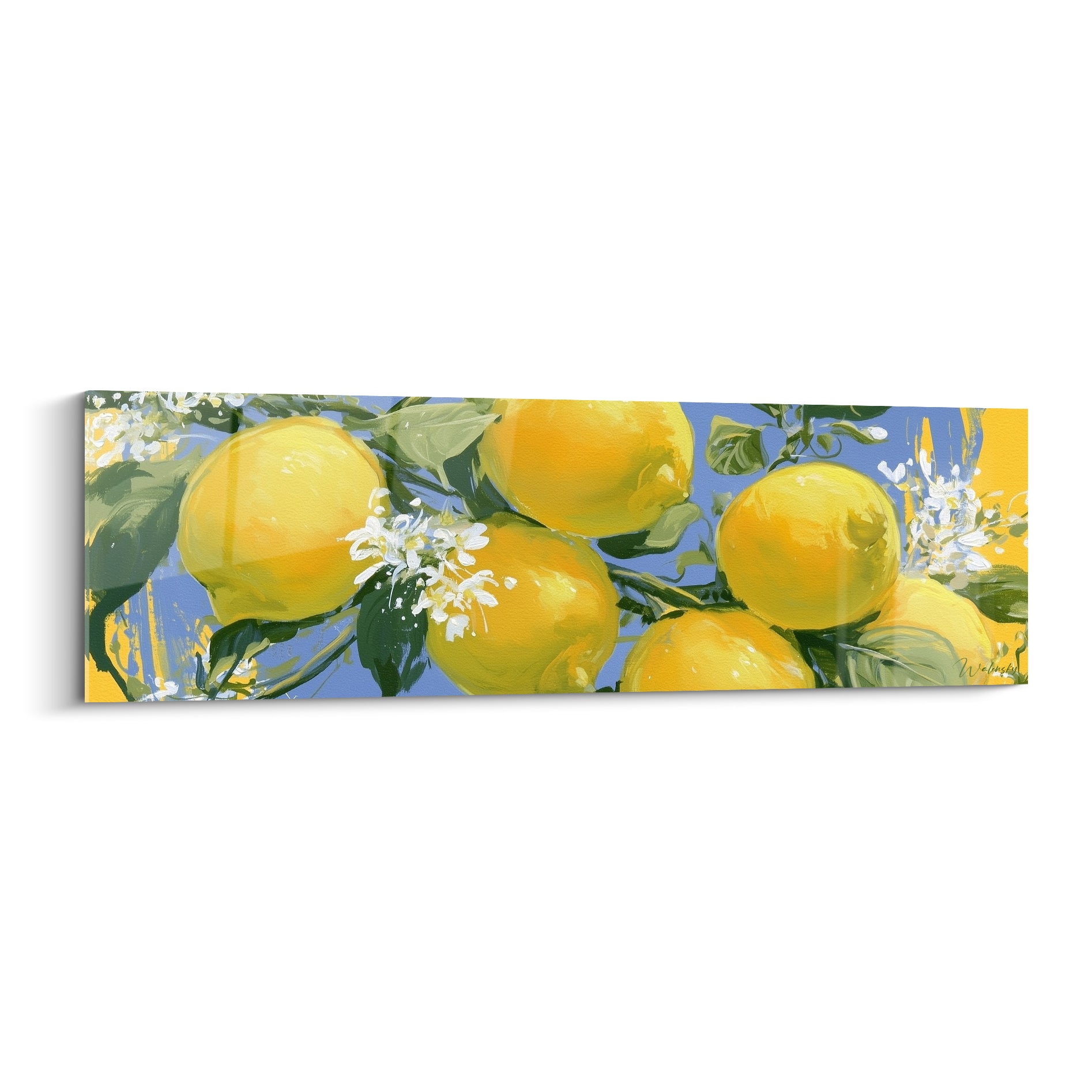 Branche de citronnier jaune vif et bleu ciel, fruits ronds et fleurs blanches peints à touches visibles