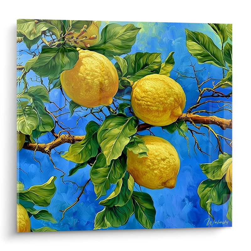 Tableau Citrons jaunes et bleu vif texturés en grappe - Branches noueuses entrelacées - Edition Citron
