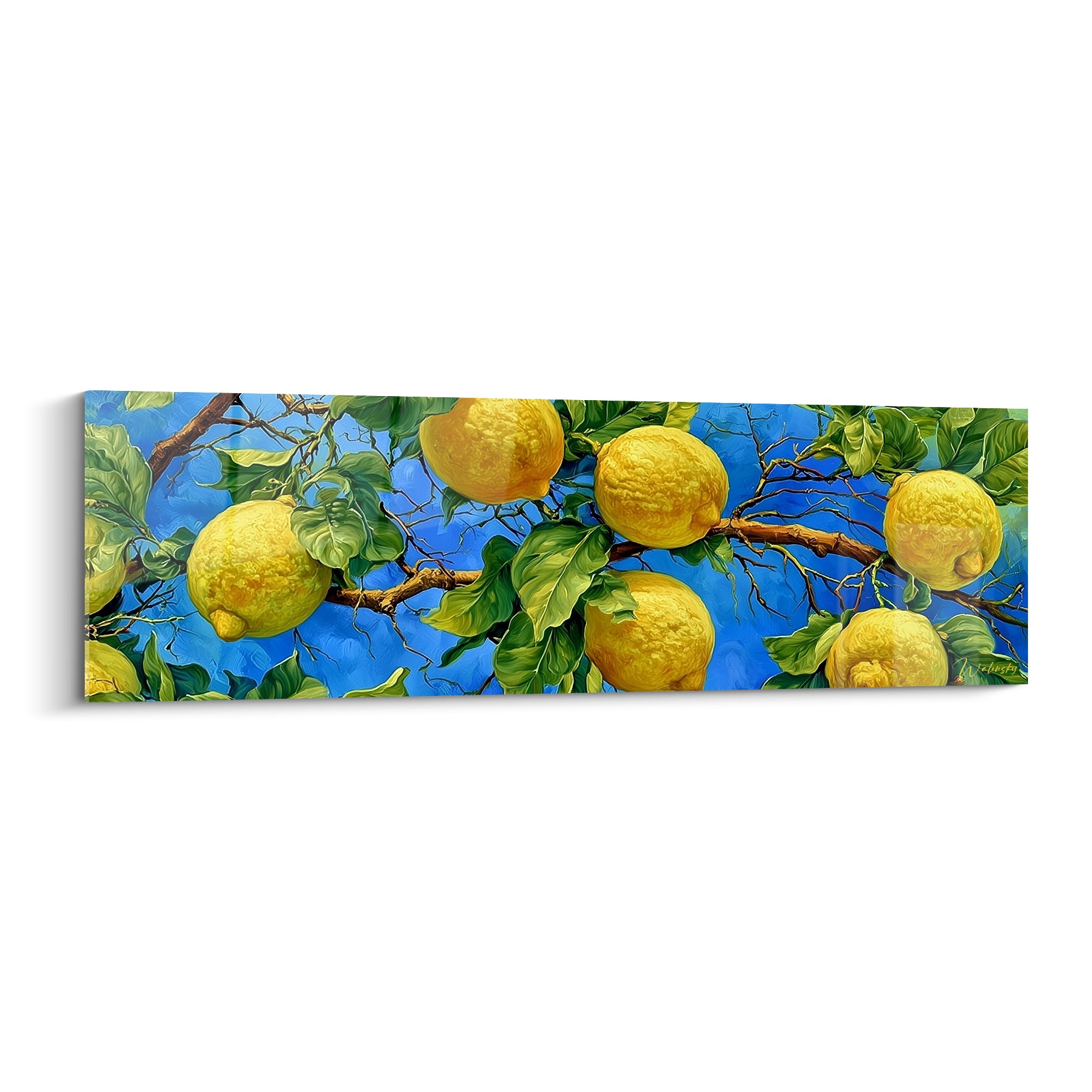 Citronnier aux fruits jaune vif sur fond bleu profond, branches brunes et feuillage vert émeraude détaillé