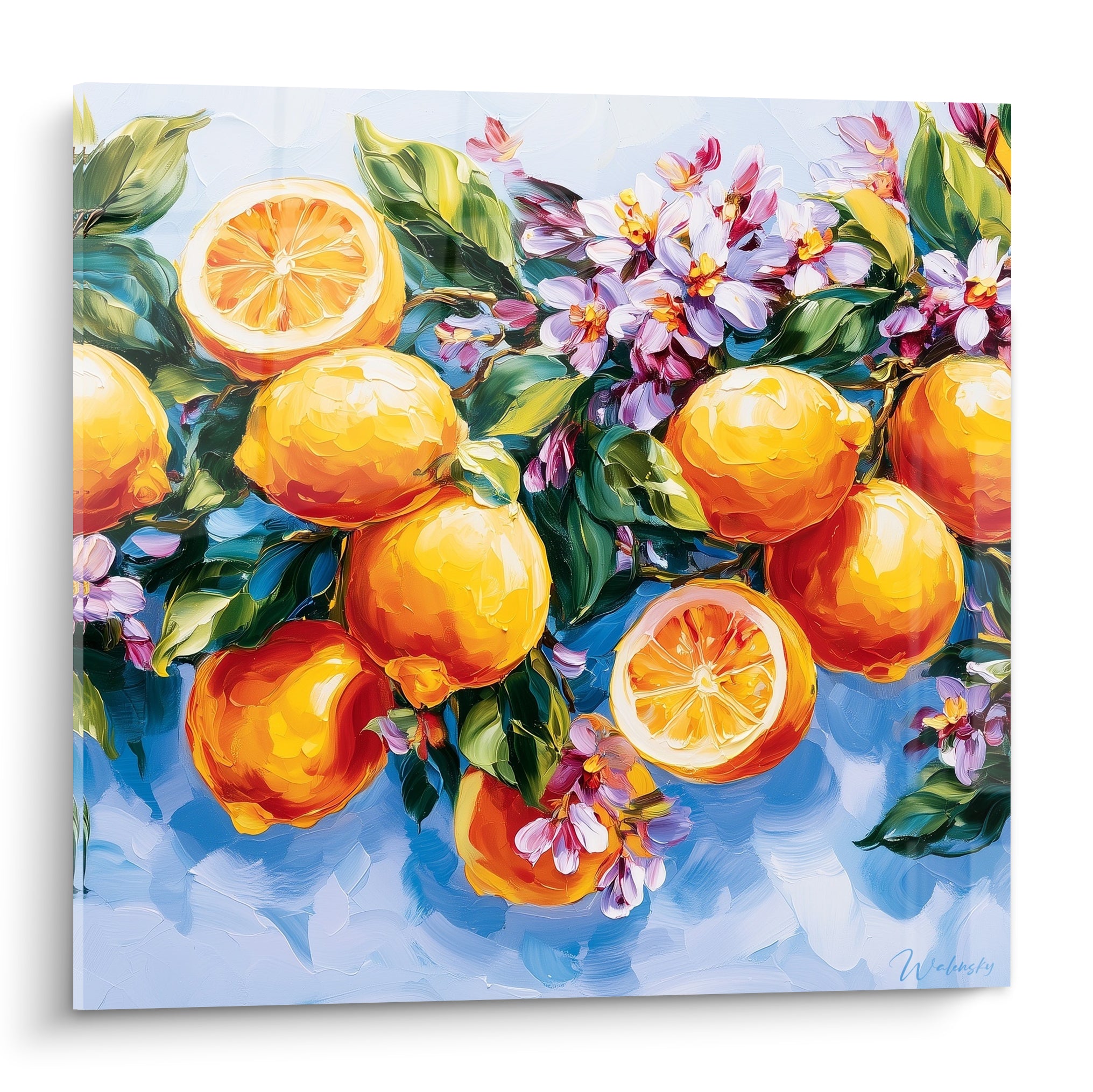 Citronnier peint en jaune et bleu pastel, fruits tranchés et fleurs roses en pleine lumière