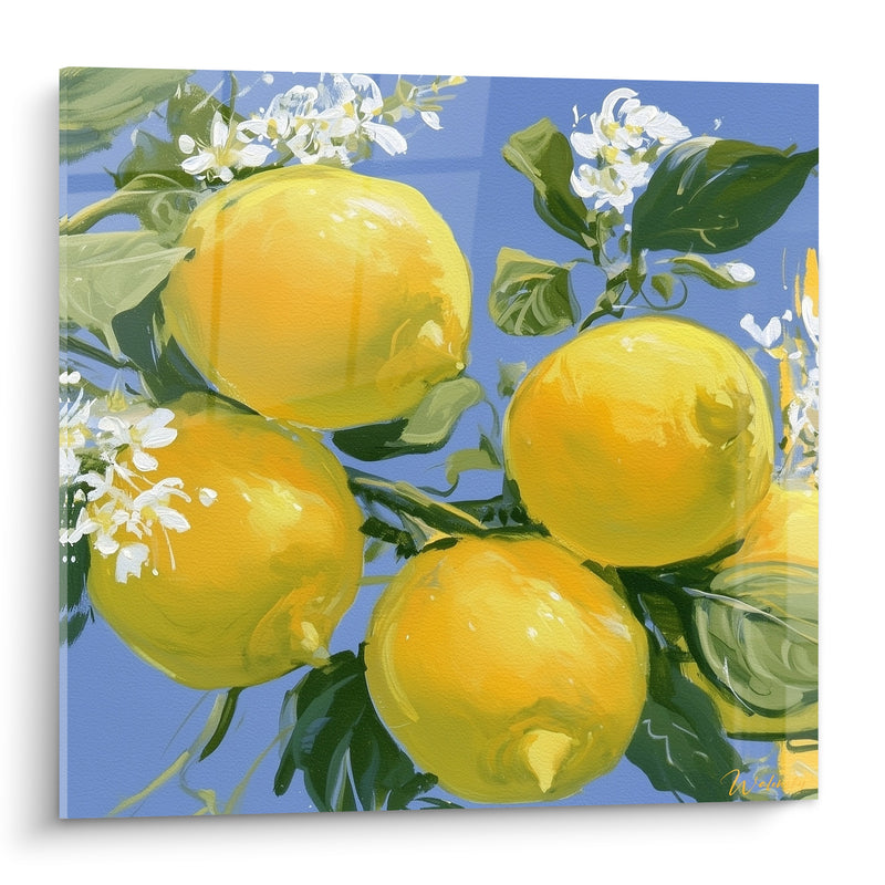 Tableau Citronnier jaune et bleu en fleurs - Verger en fleurs - Edition Citron