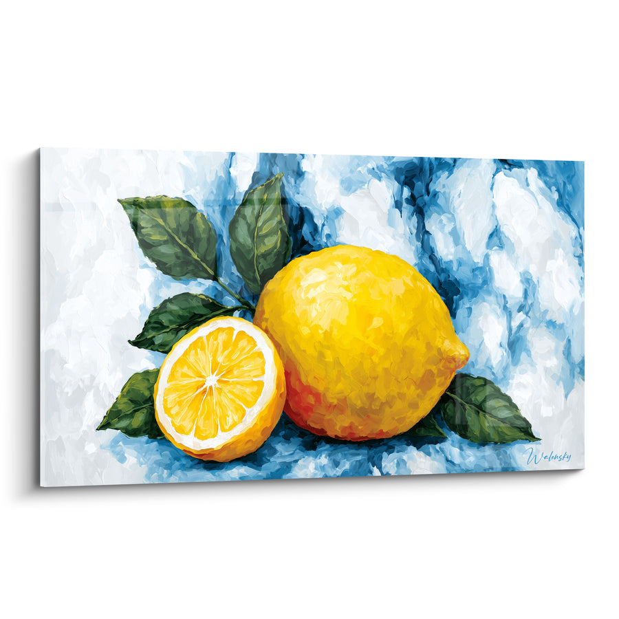 Tableau Citron entier jaune et bleu marbré coupe tranchée - Feuilles vertes pointues - Edition Citron