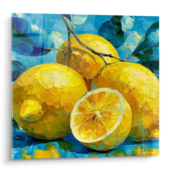 Lemon Painting with Yellow Citrus and Blue Textured Background - Sunny Freshness - Lemon Edition