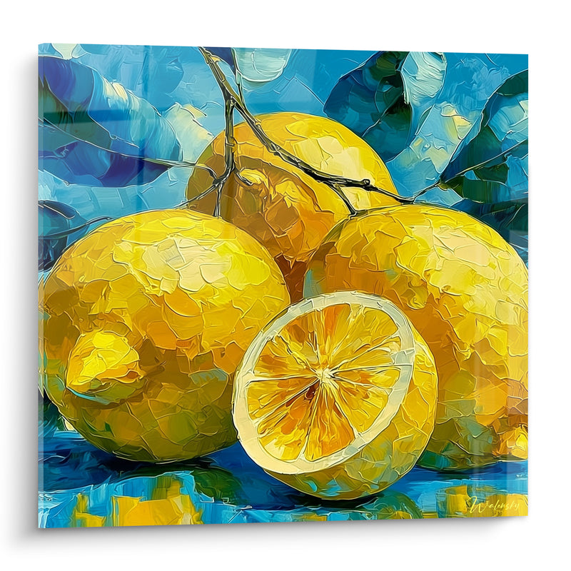 Tableau Citrons jaunes et fond bleu texturé - Fraîcheur ensoleillée - Edition Citron