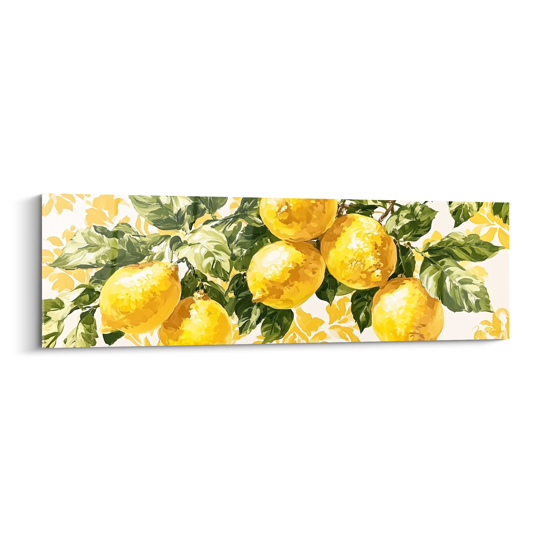 Citrons jaunes éclatants sur branche verte, style peint aux touches lumineuses et fond floral ivoire