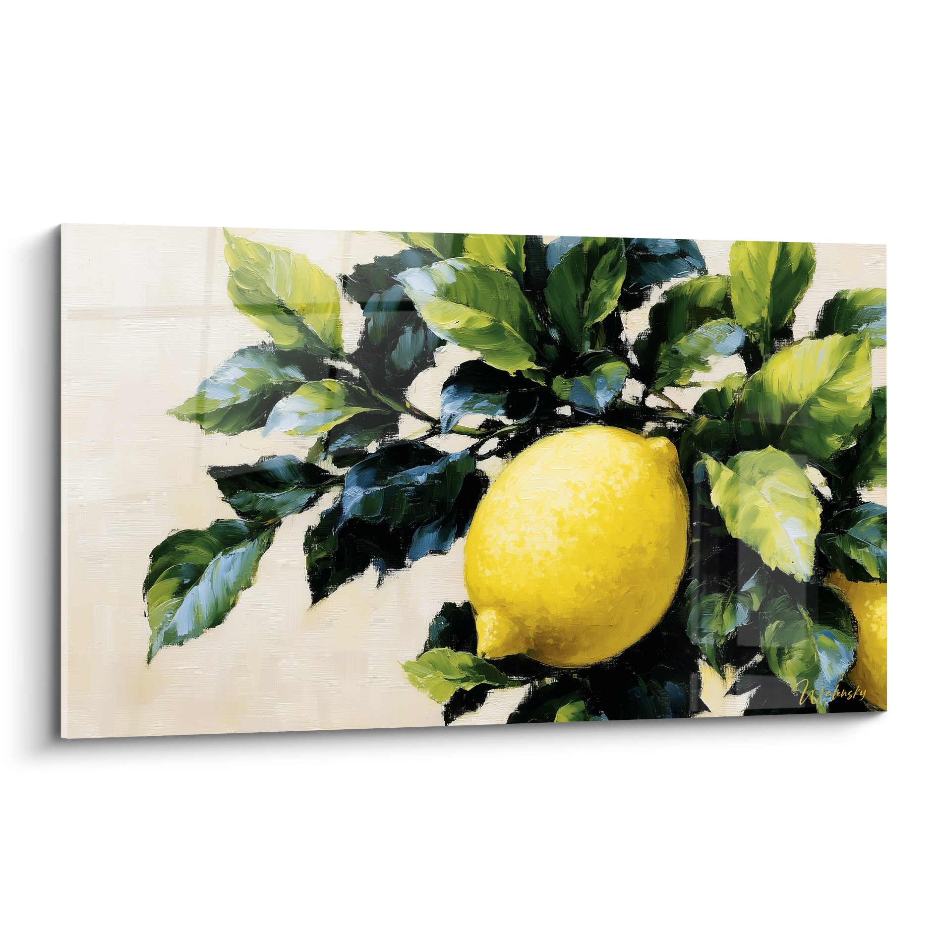 Citron jaune vif suspendu à une branche aux feuilles vert foncé, style peint texturé