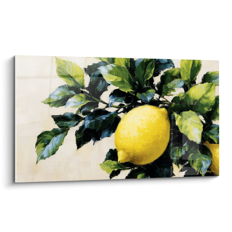 Tableau Citron jaune sur branche aux feuilles vertes - Récolte du matin - Edition Citron