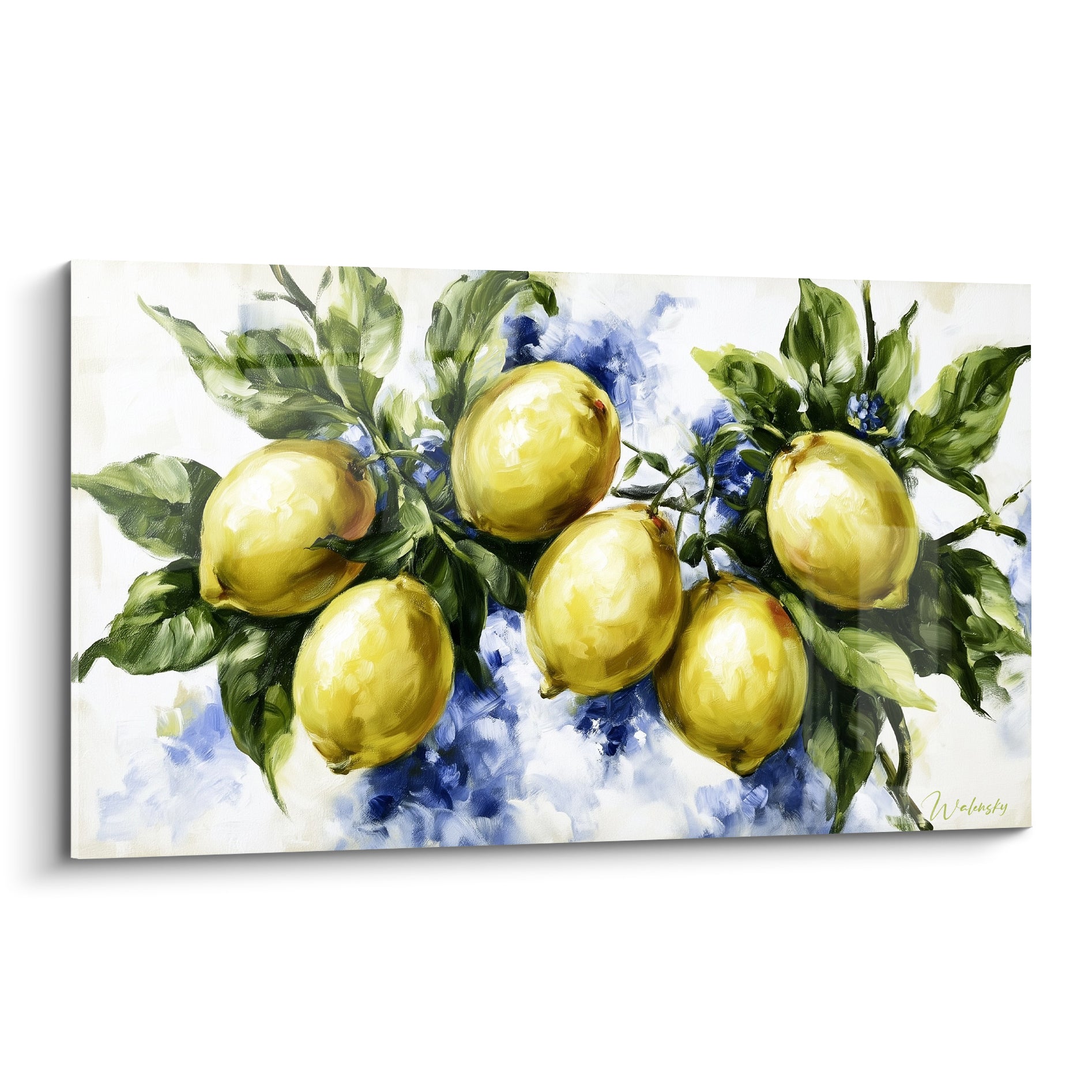 Citrons jaunes suspendus à des branches feuillues, fond bleu délavé et blanc cassé, style peint à l'huile