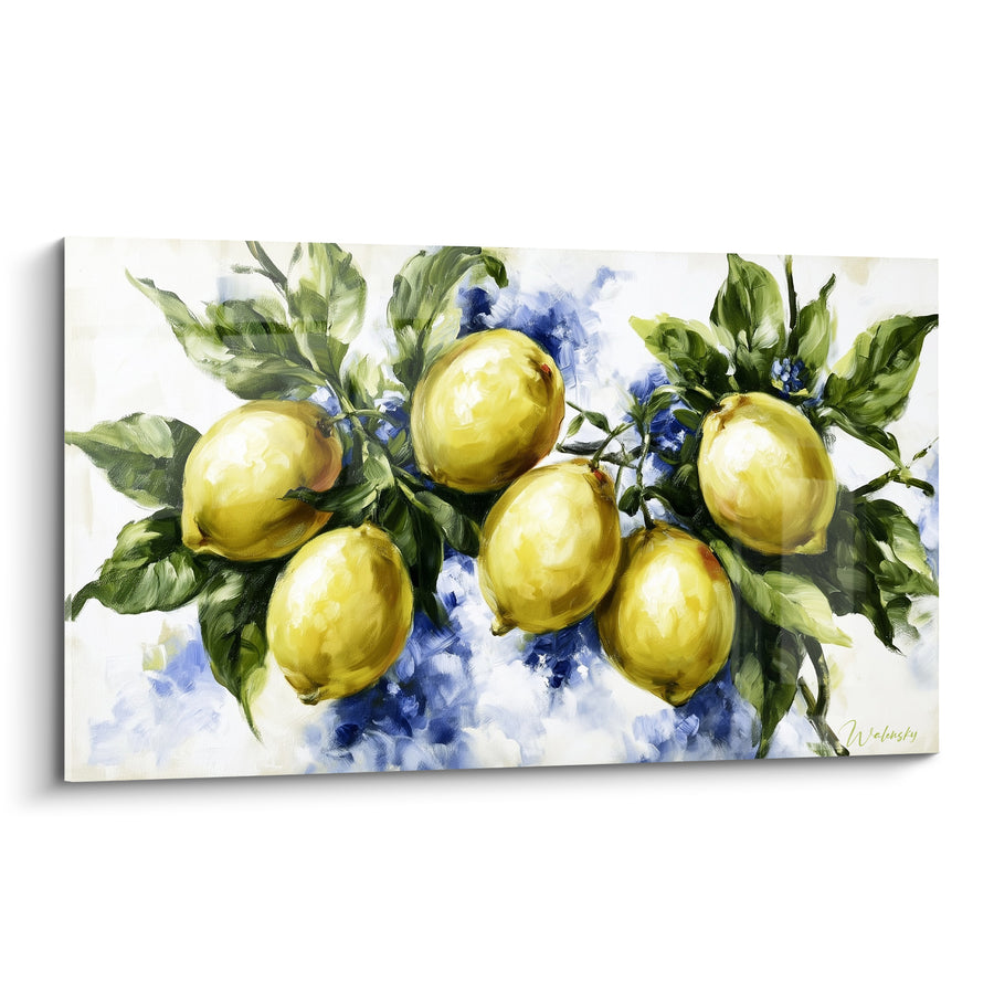 Tableau Six citrons jaunes et verts en grappe - Reflets bleus tachetés - Edition Citron
