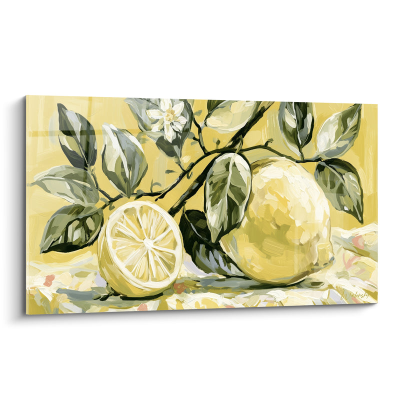 Tableau Citrons entiers et coupés sur nappe fleurie - Cueillette matinale - Edition Citron