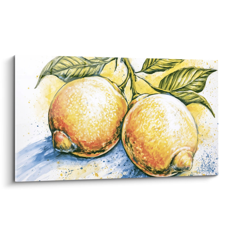 Tableau Citrons orangés et bleu ombre portée bleutée - Éclaboussures d'aquarelle - Edition Citron