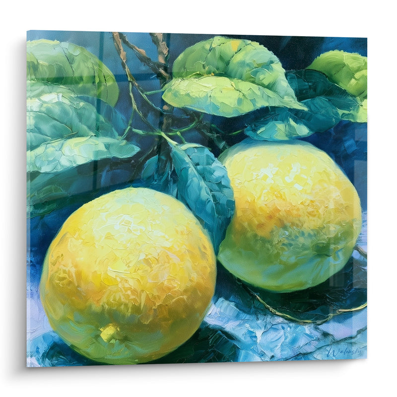 Tableau Citrons jaunes et bleu profond aux larges feuilles - Texture empâtée épaisse - Edition Citron