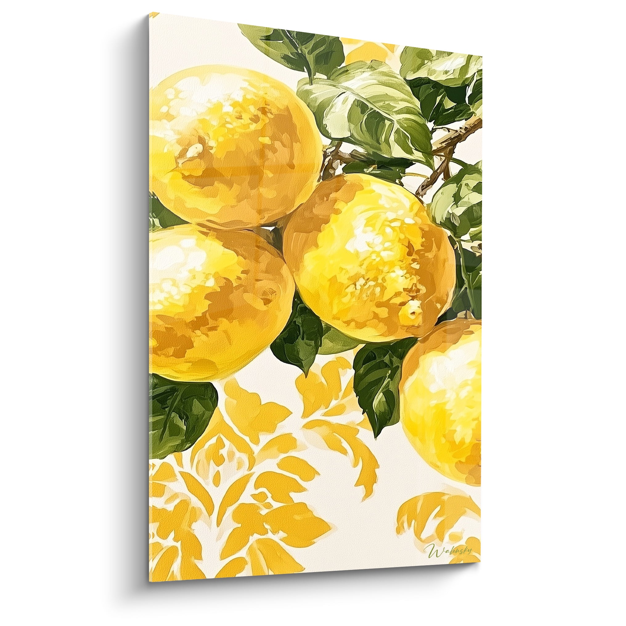 Citrons jaune vif et feuillage vert peints sur fond ivoire orné de motifs ocre décoratifs