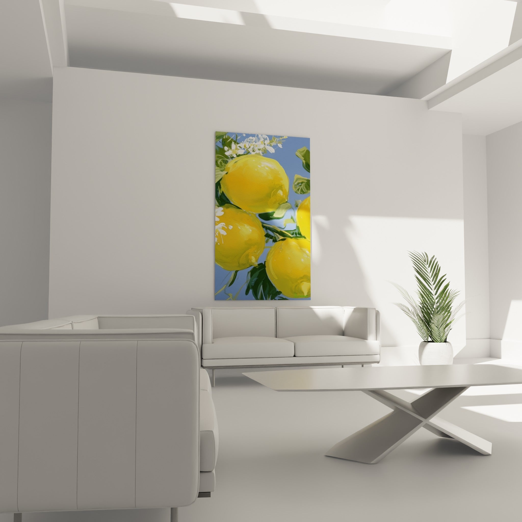 Fruits jaunes éclatants sur fond bleu au-dessus d'un canapé dans un salon lumineux