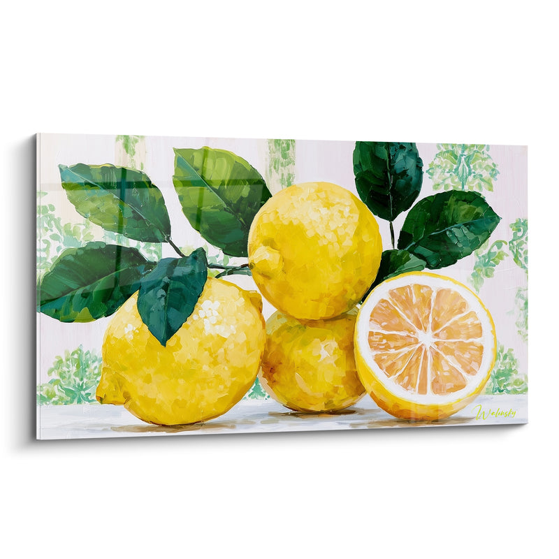 Tableau Citrons jaunes et verts sur fond damassé pâle - Chair orangée tranchée - Edition Citron