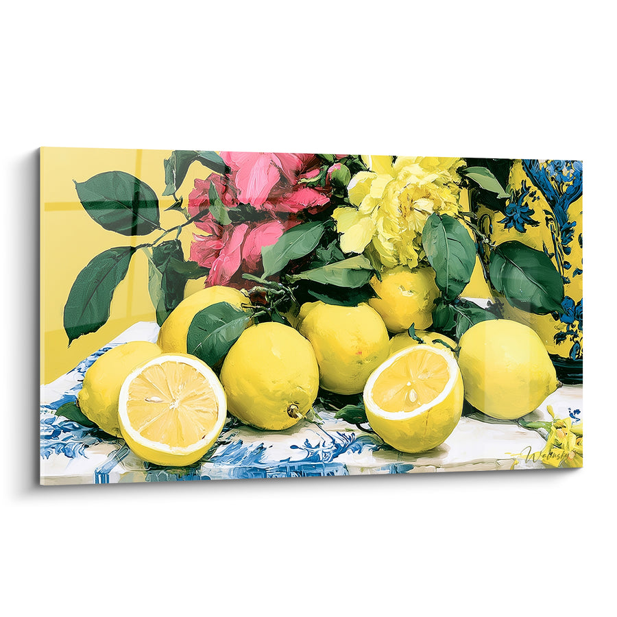 Tableau Vase émaillé jaune et bleu aux pivoines roses - Nappe fleurie brodée - Edition Citron