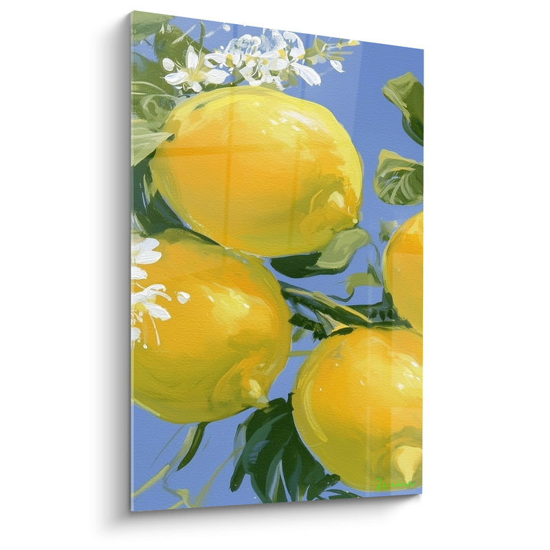Tableau Citrons jaunes et bleu ciel quatre fruits groupés - Fleurs blanches en amas - Edition Citron