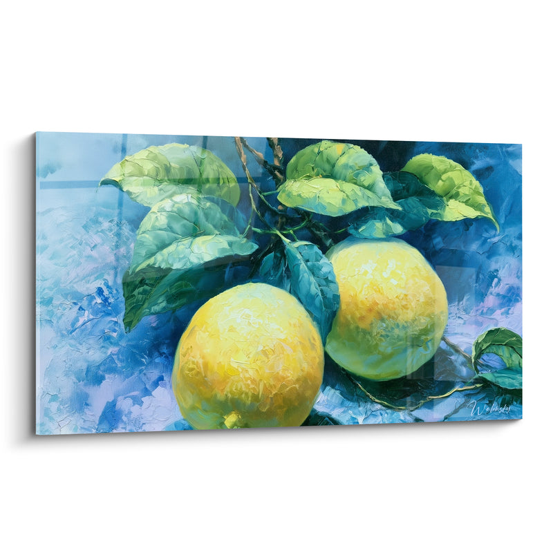 Tableau Citrons jaunes et bleu au feuillage empâté - Duo de fruits mûrs - Edition Citron