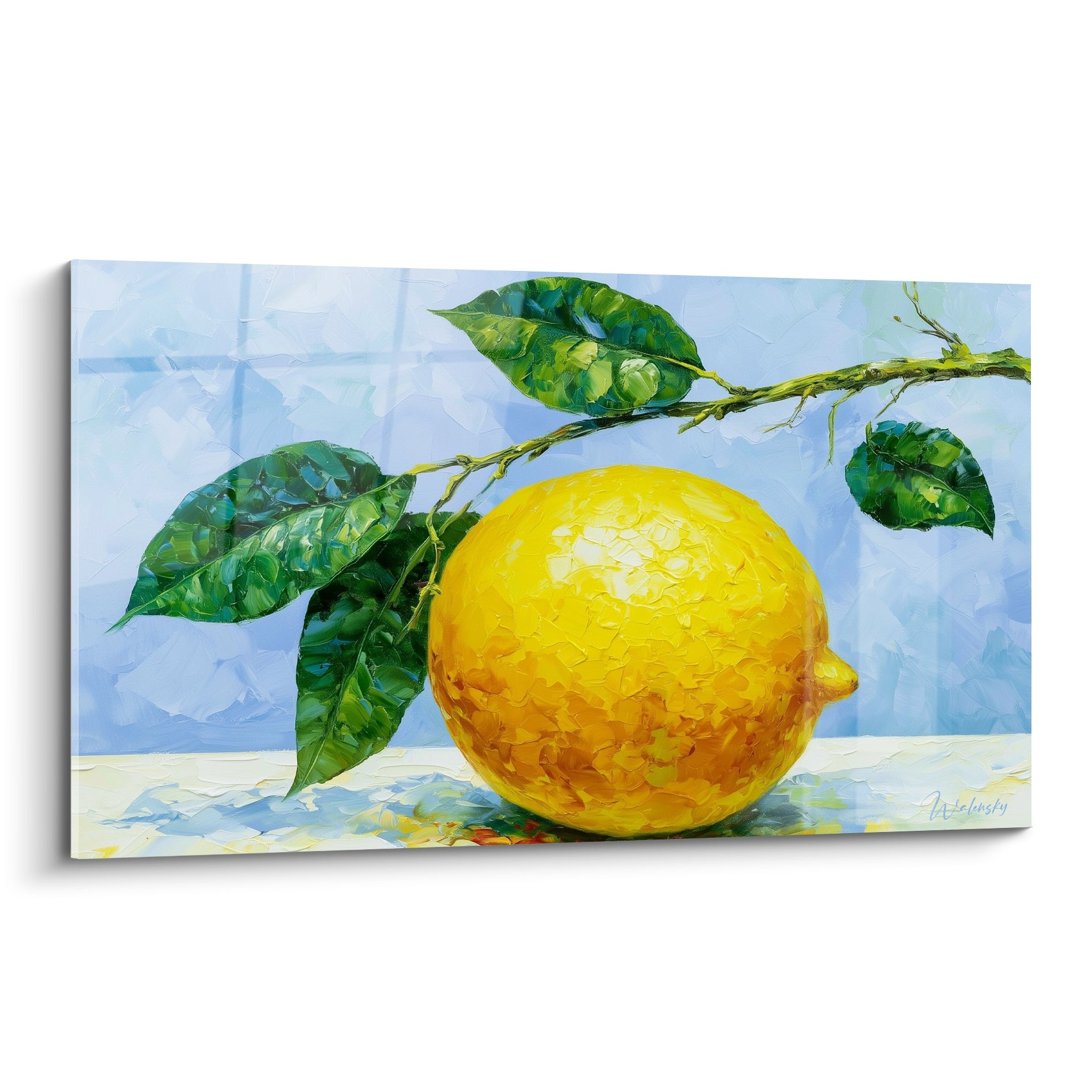 Citron jaune vif sur fond bleu pastel, branche verte et texture peinte au couteau visible